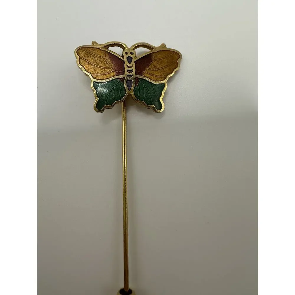 Vintage Cloisonne Butterfly Stick Pin Gold Tone Women's Jewelry - Picture 2 of 4